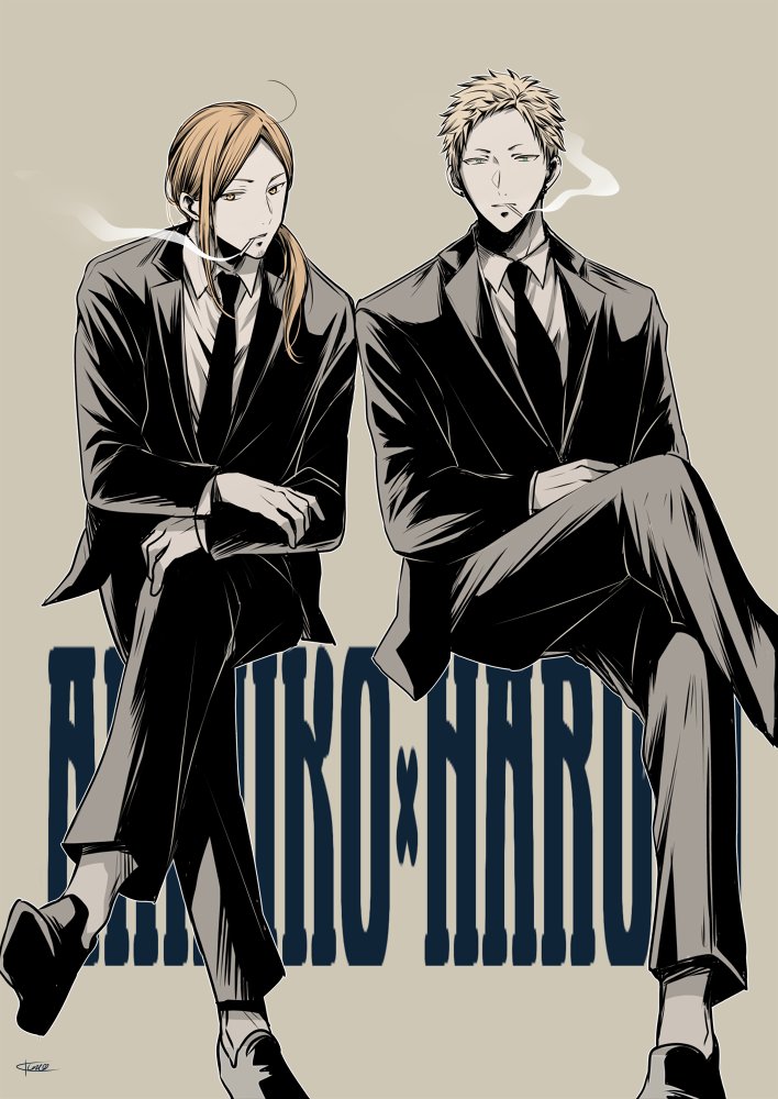 2boys, 961_masashi, beard_stubble, black_coat, black_footwear, black_necktie, black_pants, blonde_hair, character_name, cigarette, coat, cropped_legs, facial_hair, given, grey_background, kaji_akihiko, looking_at_viewer, male_focus, multiple_boys, nakayama_haruki, necktie, pants, ponytail, shirt, short_hair, signature, smoking, socks, stubble, suit, white_shirt, white_socks