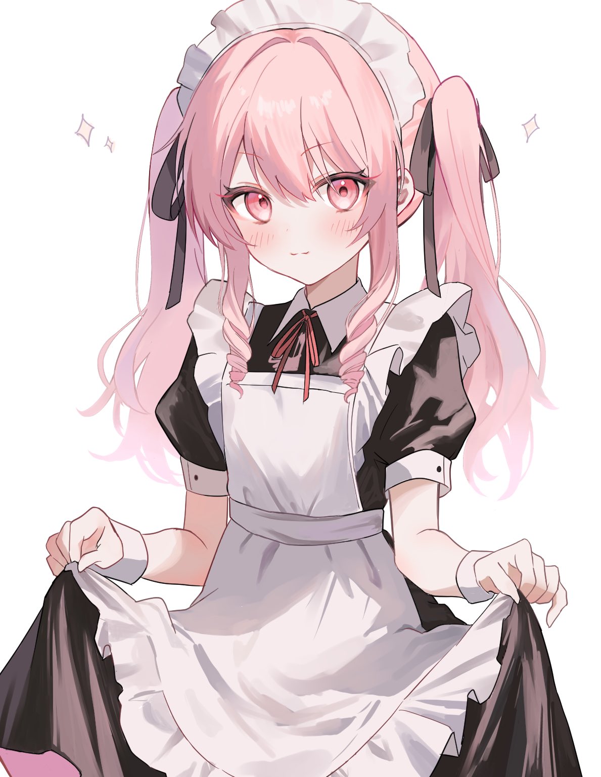1girl, :3, apron, black_dress, blush, closed_mouth, commentary, cowboy_shot