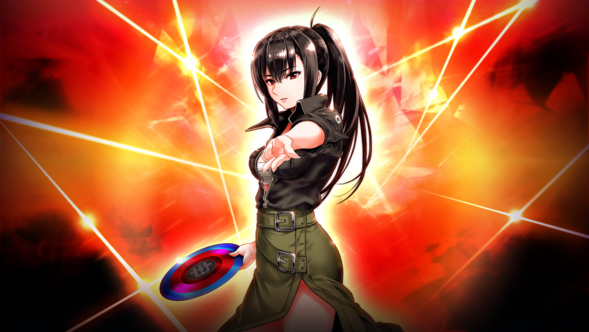 beatmania_iidx, black_hair, black_jacket, breasts, chest_sarashi, goli_matsumoto, green_skirt, hair_between_eyes