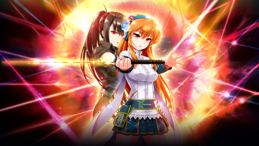 2girls, beatmania_iidx, breasts, goli_matsumoto, hair_between_eyes, highres, holding, holding_sword
