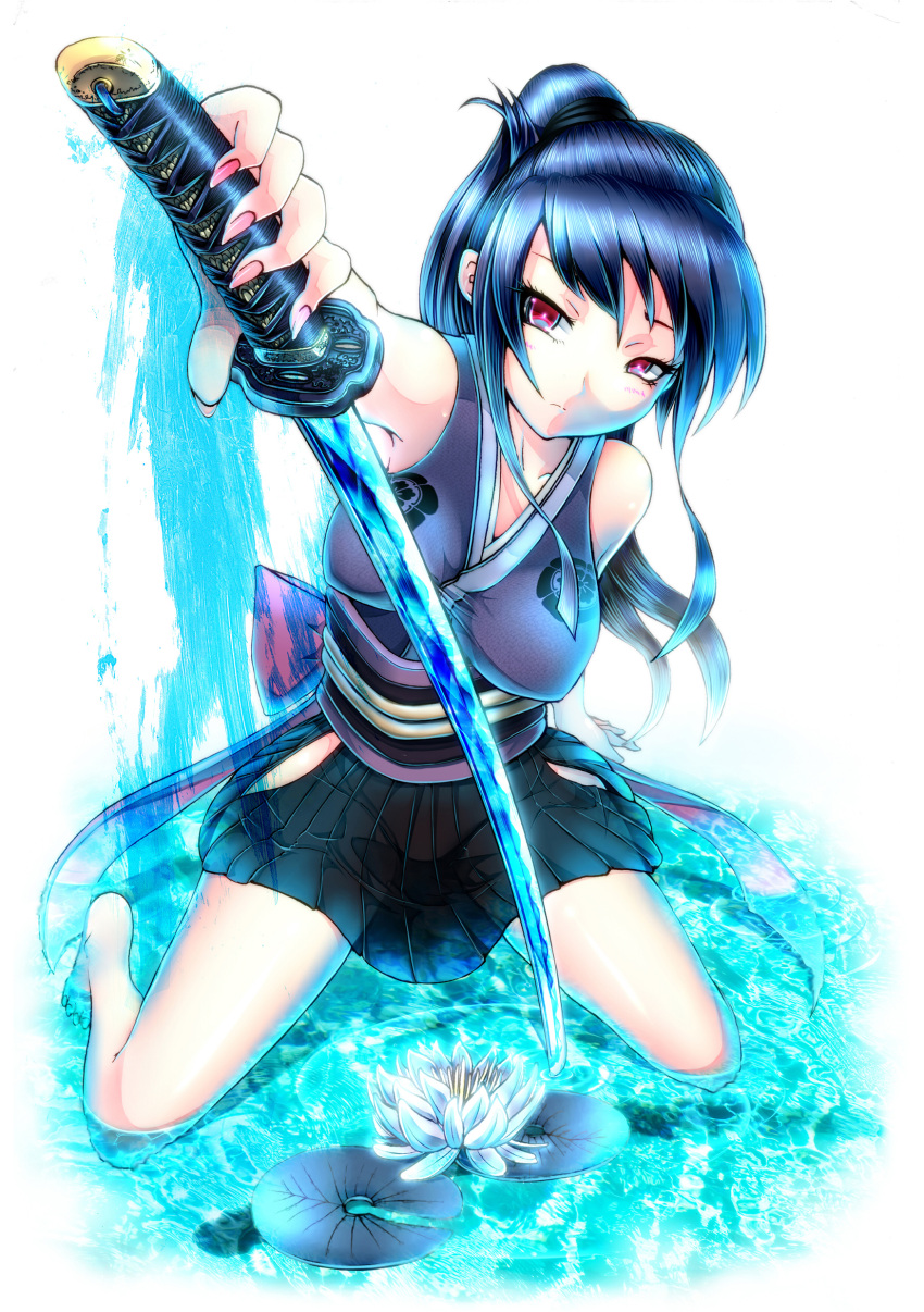 bad_id, barefoot, blue, blue_hair, bow, breasts, flower, foreshortening