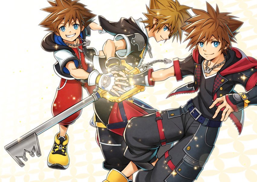 3boys, belt, black_gloves, black_jacket, black_pants, black_shirt, blue_belt, bodysuit