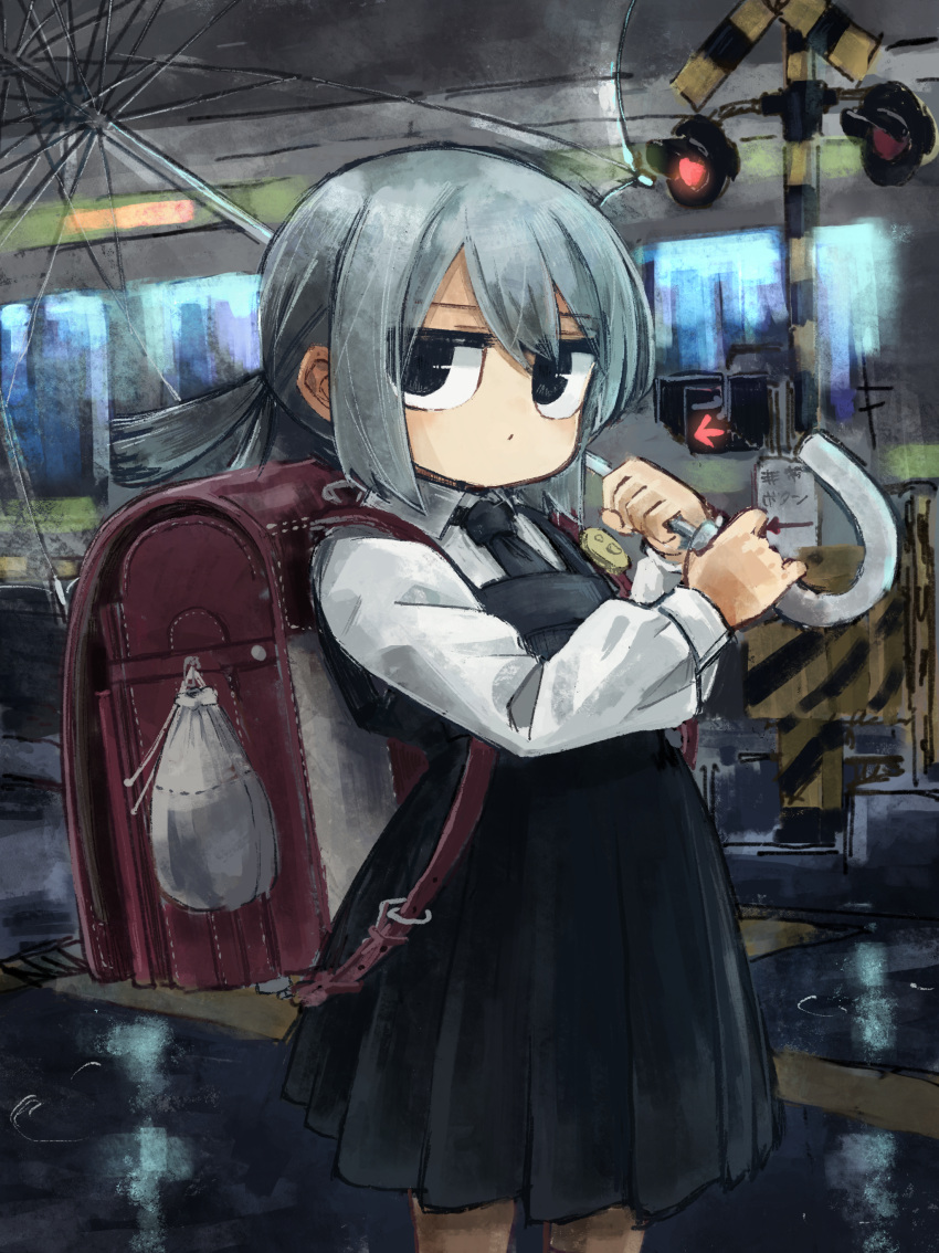 1girl, absurdres, backpack, bag, black_dress, black_eyes, dolphilia, dress, expressionless, grey_hair, highres, holding, holding_umbrella, kindergarten_uniform, looking_at_viewer, night, original, ponytail, railroad_crossing, rain, randoseru, sidelocks, solo, train, umbrella
