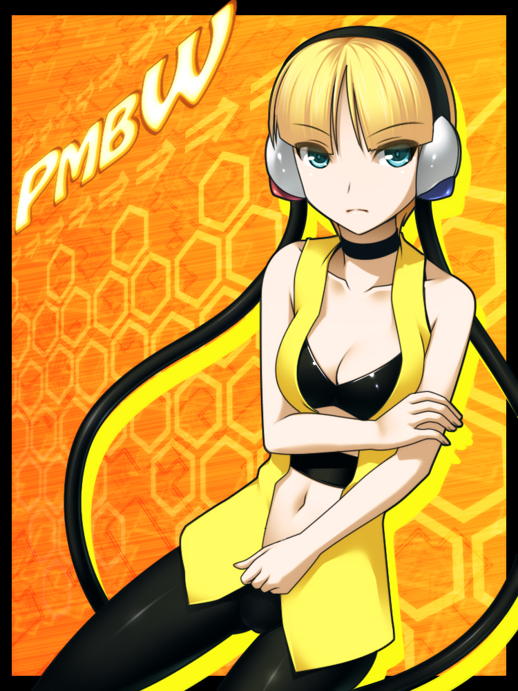 black_pantyhose, blonde_hair, blue_eyes, bob_cut, breasts, cable, choker, cleavage, fujimiya_yuu, gym_leader, halterneck, headphones, kamitsure_(pokemon), love_bulge, midriff, navel, pantyhose, pokemon, pokemon_(game), pokemon_black_and_white, pokemon_bw, short_hair, skin_tight, tubetop