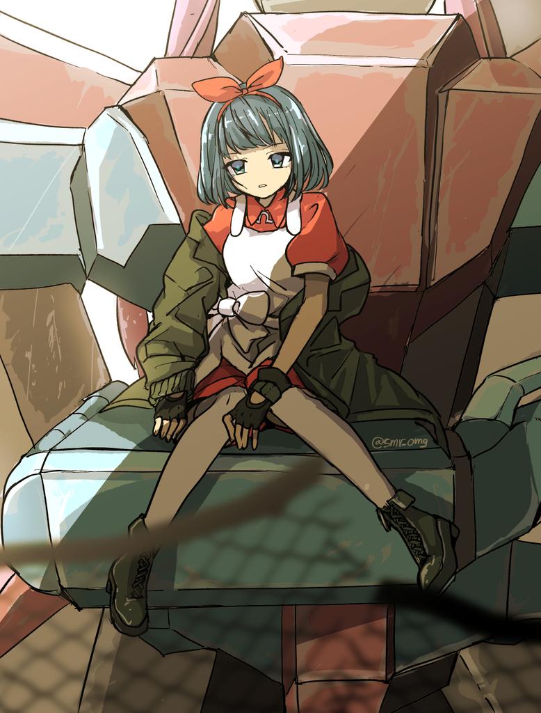 1girl, apron, arm_out_of_sleeve, blue_eyes, blue_hair, blurry, blurry_foreground, bob_cut