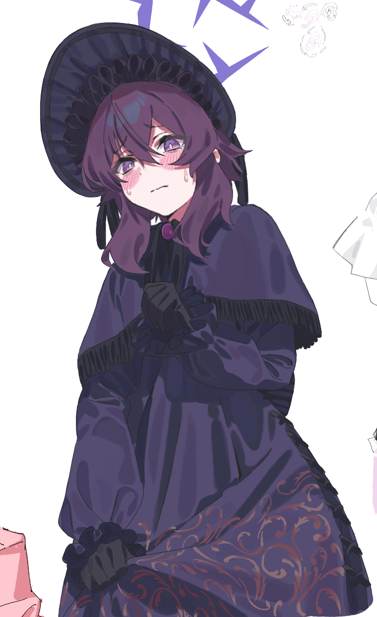 1girl, black_dress, black_gloves, black_hat, blue_archive, blush, closed_mouth, dress