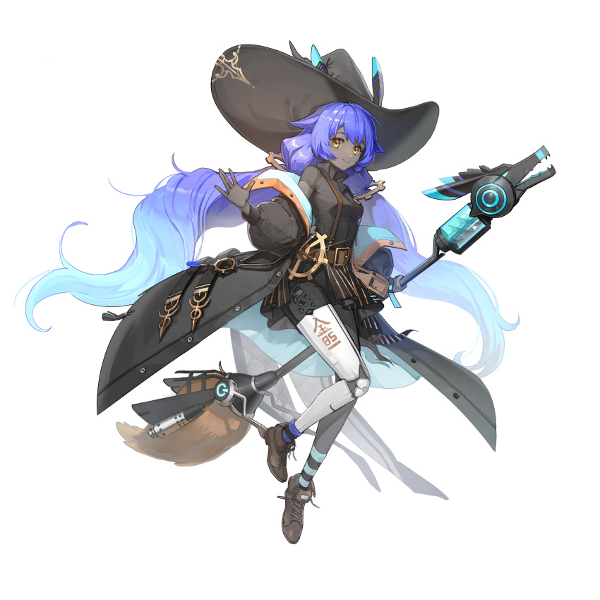 1girl, absurdres, belt, black_coat, black_hat, broom, brown_belt, brown_footwear, coat, full_body, gear_hair_ornament, gradient_hair, hair_flaps, hat, highres, holding, holding_broom, long_hair, mechanical_broom, multicolored_hair, original, purple_hair, smile, socks, solo, striped_clothes, striped_socks, very_long_hair, white_background, witch_hat, xing_(gloryxing), yellow_eyes
