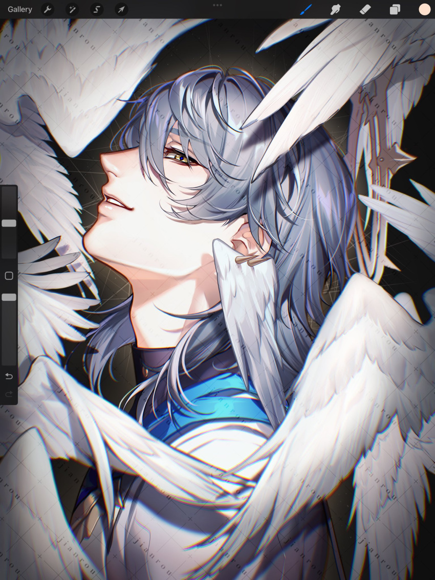 1boy, bishounen, feathered_wings, from_side, green_eyes, grey_hair, halo, head_wings