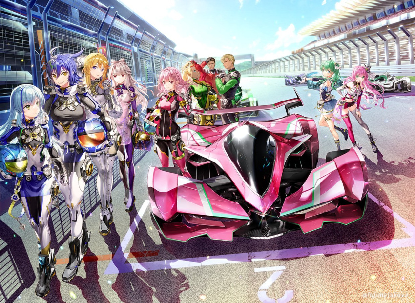 alice_summerwood, asakawa_kanata, blonde_hair, bodysuit, breasts, car, enterprise_(azur_lane), enterprise_(wind_catcher)_(azur_lane)