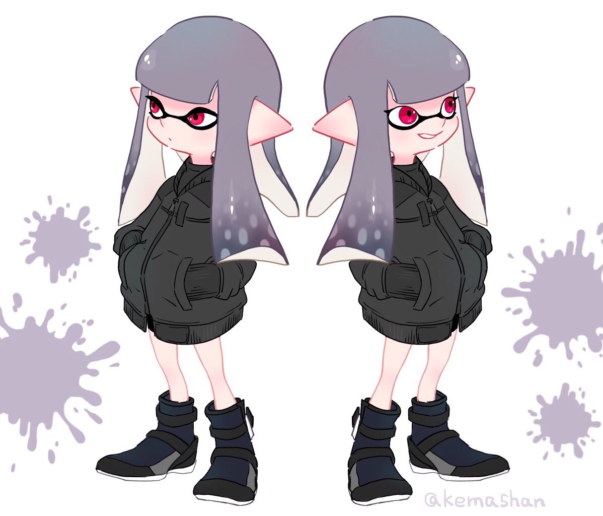 2girls, black_footwear, black_jacket, blunt_bangs, expressionless, full_body, furamii, grey_hair