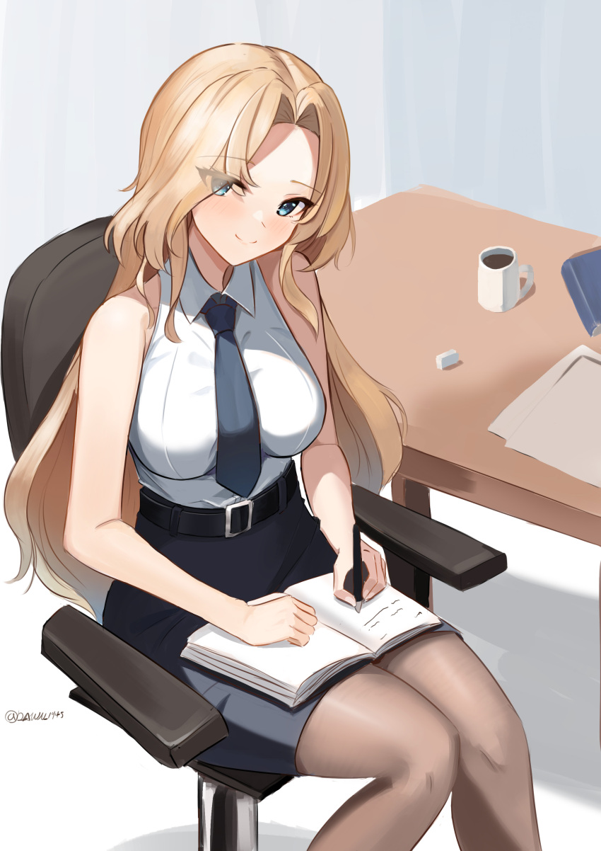 1girl, absurdres, belt, belt_buckle, black_belt, black_necktie, black_pantyhose, black_skirt