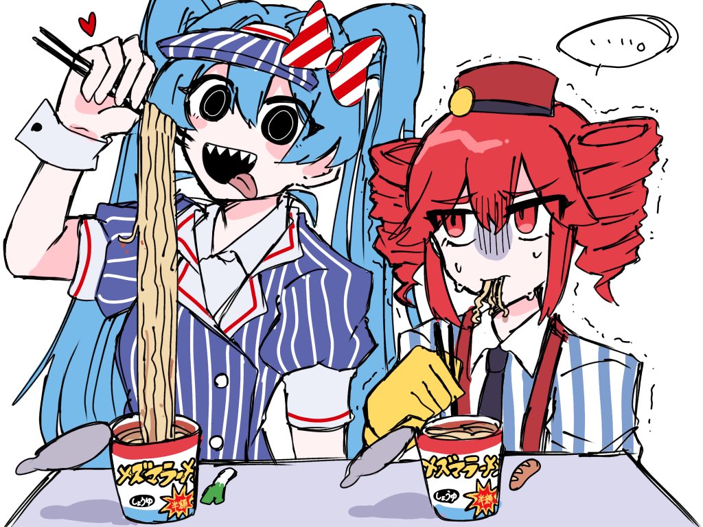 ..., 2girls, :d, black_eyes, black_necktie, blue_shirt, bow, chopsticks