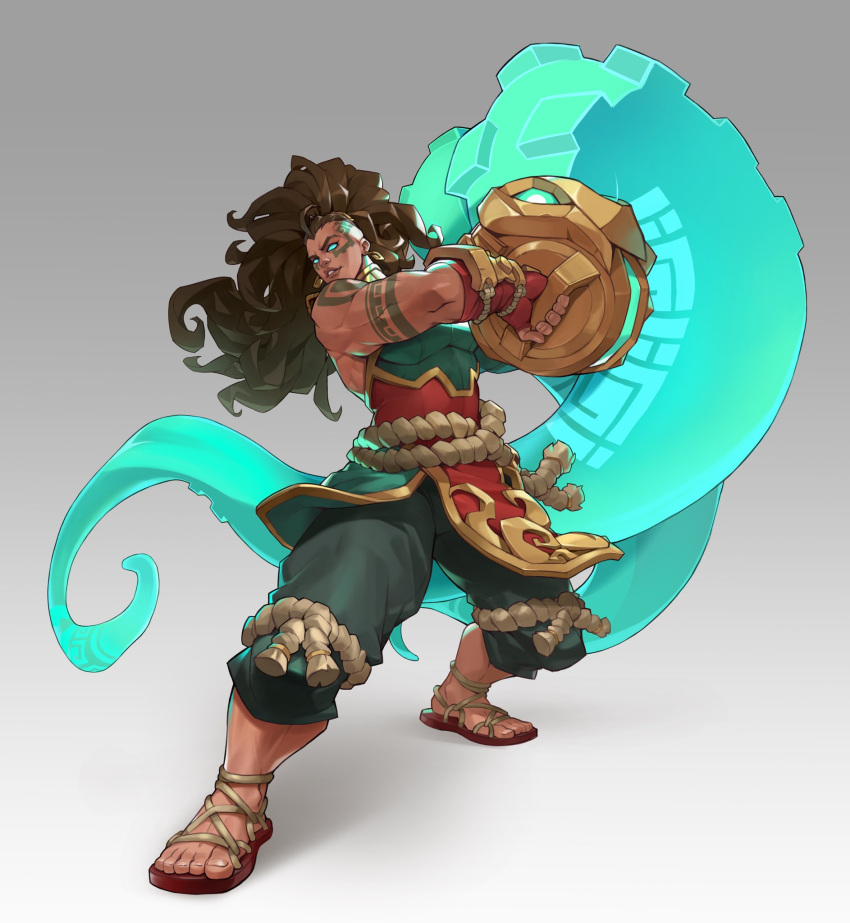 1girl, arm_tattoo, bare_shoulders, black_pants, dark-skinned_female, dark_skin, glowing, glowing_eyes, gradient_background, grey_background, highres, holding, illaoi, league_of_legends, muscular, muscular_female, pants, rope, sandals, shoulder_tattoo, smile, solo, tattoo, tentacles, tuxedo_de_cat