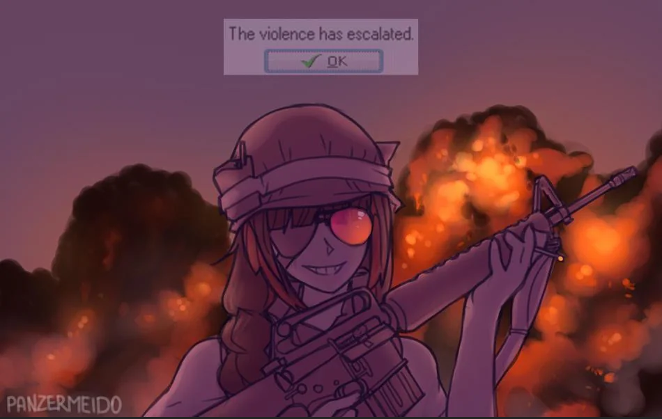 1girl, assault_rifle, explosion, eyepatch, girls_frontline, grin, m16, m16a1_(girls_frontline)