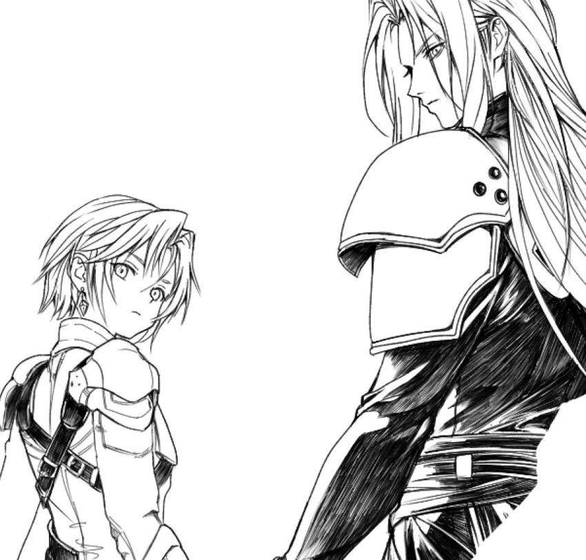 2boys, age_difference, aged_down, armor, belt, coat, dangle_earrings, earrings