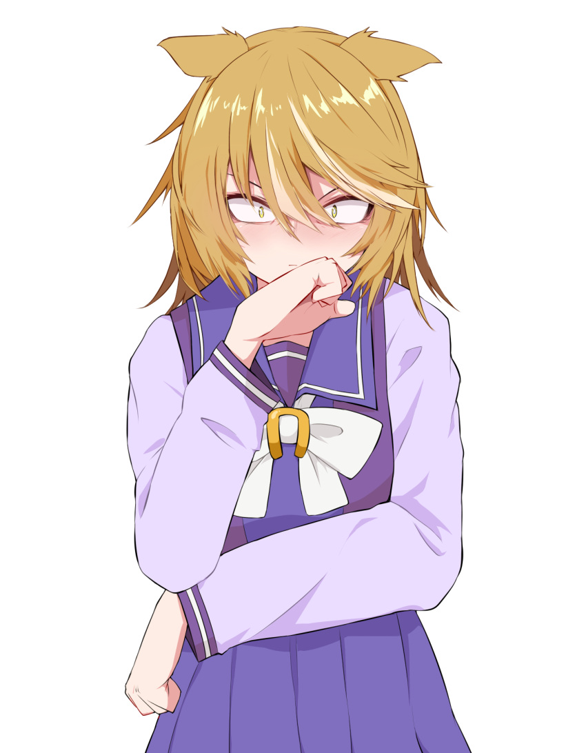 1girl, animal_ears, blonde_hair, bow, bowtie, commentary_request, eyebrows_hidden_by_hair, golden_sash_(racehorse)