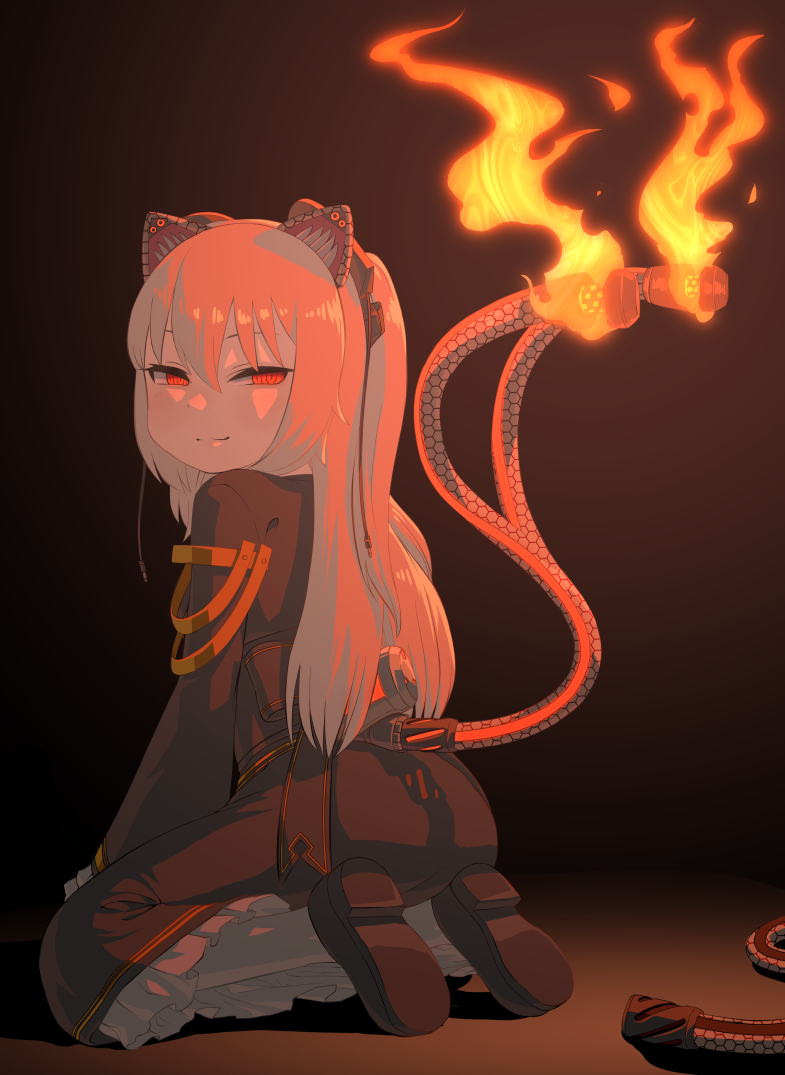 1girl, animal_ears, black_background, black_dress, black_footwear, brown_hair, cat_ears, cat_girl, cat_tail, closed_mouth, commentary_request, dress, fire, flame-tipped_tail, from_behind, full_body, half-closed_eyes, hands_on_lap, long_hair, long_sleeves, looking_at_viewer, looking_back, mechanical_ears, mechanical_parts, mechanical_tail, nora_cat, nora_cat_channel, okui_misohiko, pantyhose, ringed_eyes, seiza, shadow, simple_background, sitting, smile, solo, split_tail, tail, two_side_up, virtual_youtuber, white_pantyhose