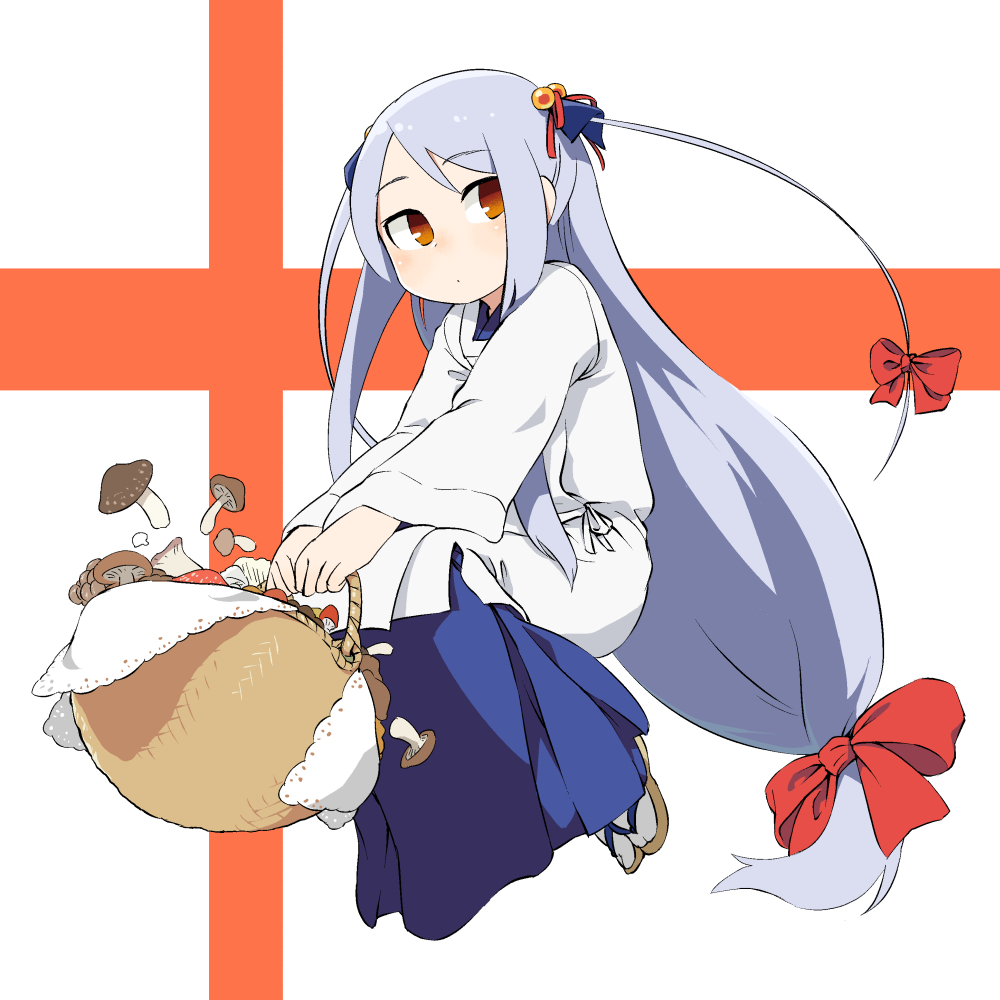1girl, apron, basket, blue_kimono, blush, bow, cross_background, full_body