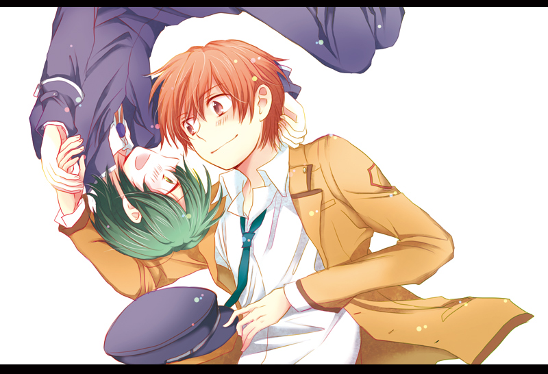 bad_id, brown_eyes, brown_hair, green_hair, hat, male, naoi_ayato, otonashi_(angel_beats!)