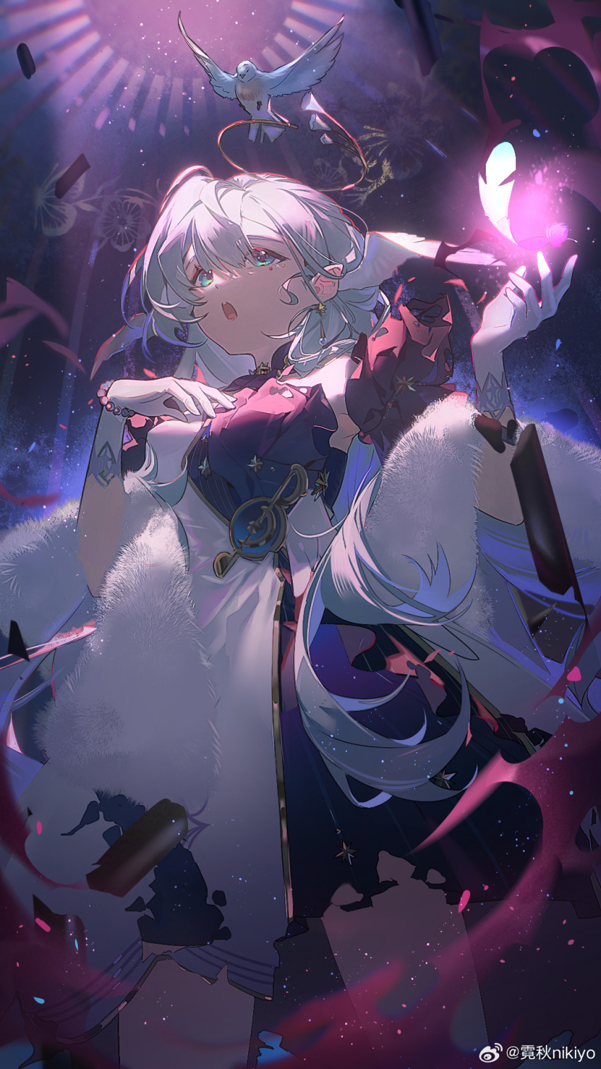 1girl, aqua_eyes, bead_bracelet, beads, bird, bracelet, chestnut_mouth, detached_sleeves