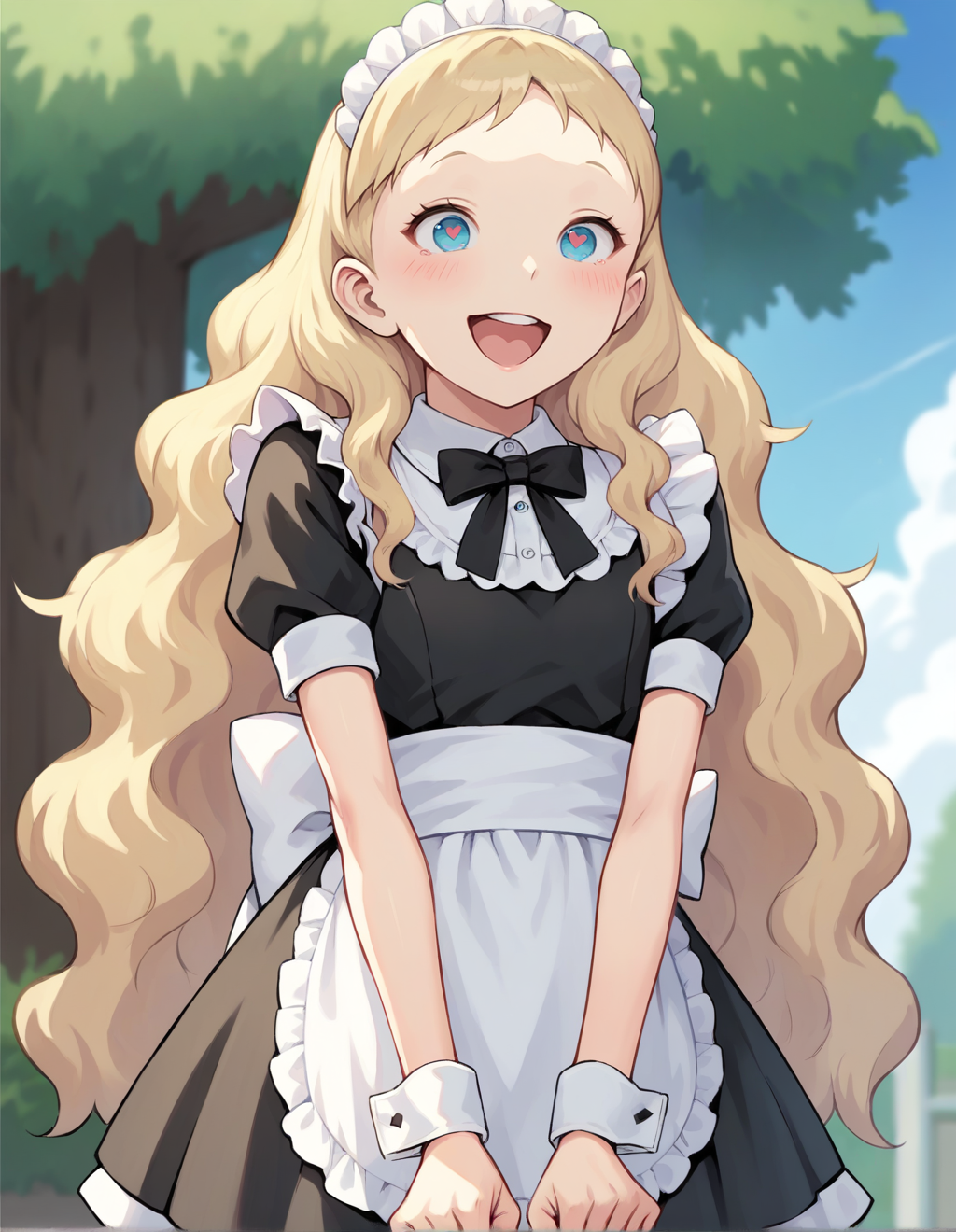 ai-generated, aurore_(takatou_sora), black_dress, blonde_hair, blue_eyes, blue_sky, blurry, blurry_background, blush, clenched_hands, clouds, cowboy_shot, dress, happy, heart, heart-shaped_pupils, highres, long_hair, maid, non-web_source, open_mouth, outdoors, portrait, shy, sky, smile, standing, surprised, symbol-shaped_pupils, tears, teeth, tongue, tree, upper_teeth_only, v_arms, very_long_hair, wavy_hair
