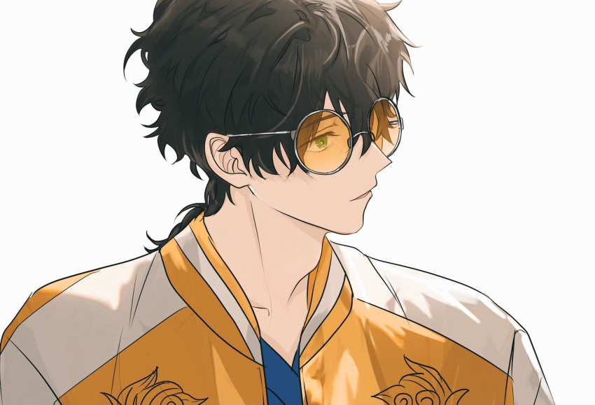 1boy, black_hair, curly_hair, glasses, green_eyes, highres, inari_gajigaji, jacket