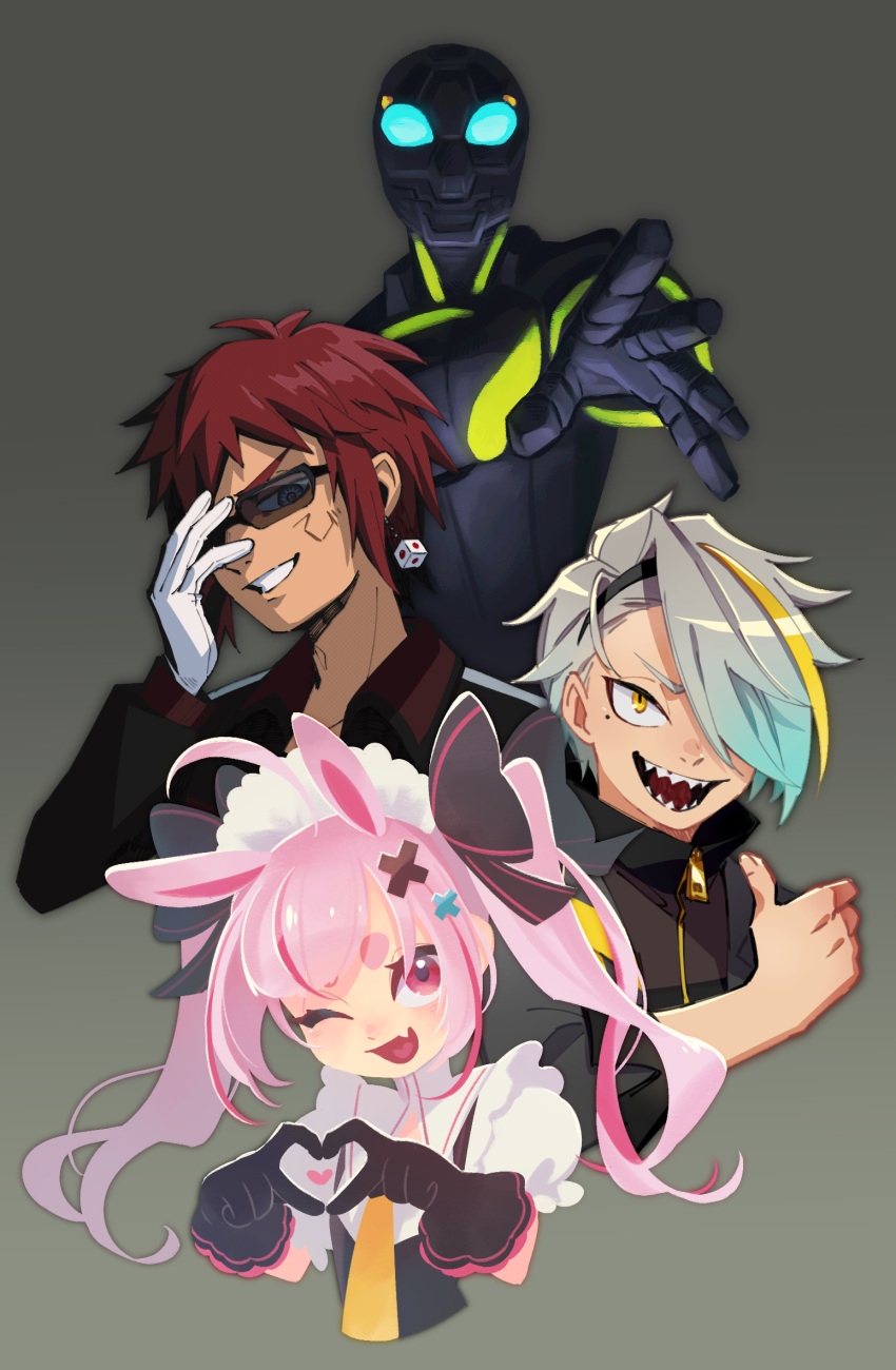 1girl, 3boys, adjusting_eyewear, ahoge, animal_ears, antenna_hair, arm_at_side, arm_up
