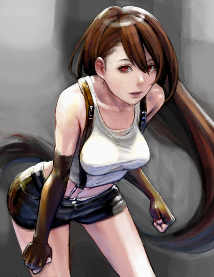 5362, crop_top, earrings, elbow_gloves, final_fantasy, final_fantasy_vii, fingerless_gloves, gloves, jewelry, leaning_forward, legs, long_hair, midriff, mujiha_(mlog), red_eyes, short_shorts, shorts, skirt, solo, suspenders, taut_shirt, thighs, tifa_lockhart, very_long_hair