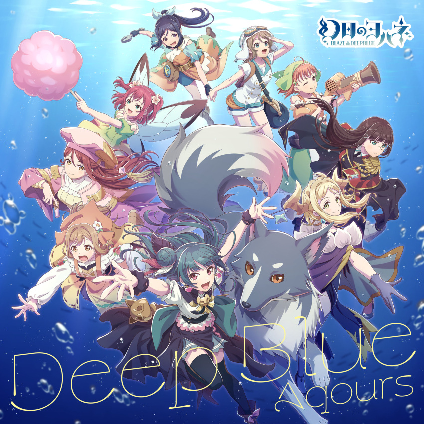 6+girls, :d, ;q, absurdres, air_bubble, album_cover, ankle_boots, black_capelet