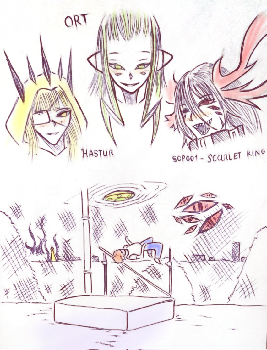1boy, 3girls, alien, black_hair, blonde_hair, blush, crown_of_thorns, cthulhu_mythos