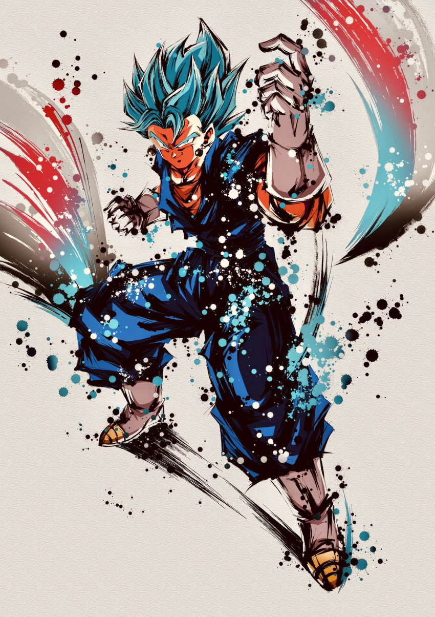 1boy, blue_eyes, blue_hair, blue_pants, blue_sash, blue_shirt, boots, dougi
