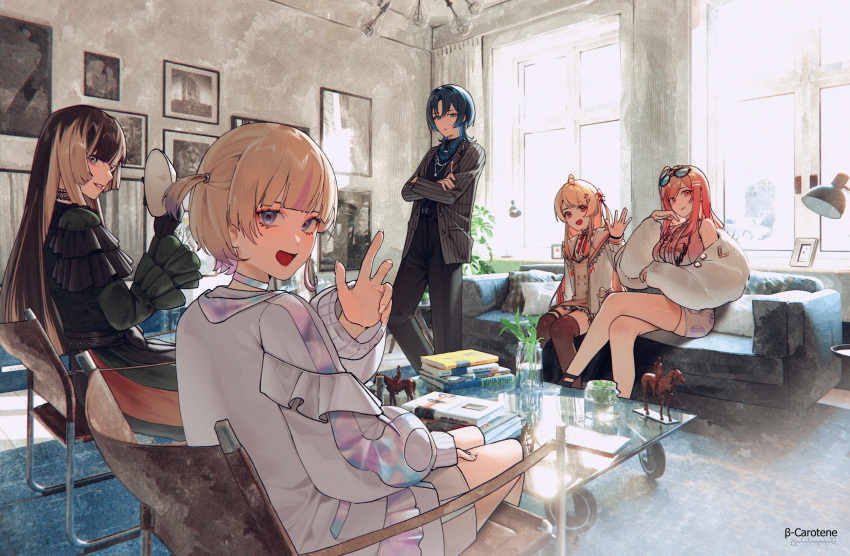 5girls, ahoge, black_hair, blonde_hair, blue_eyes, blue_hair, choker, coat