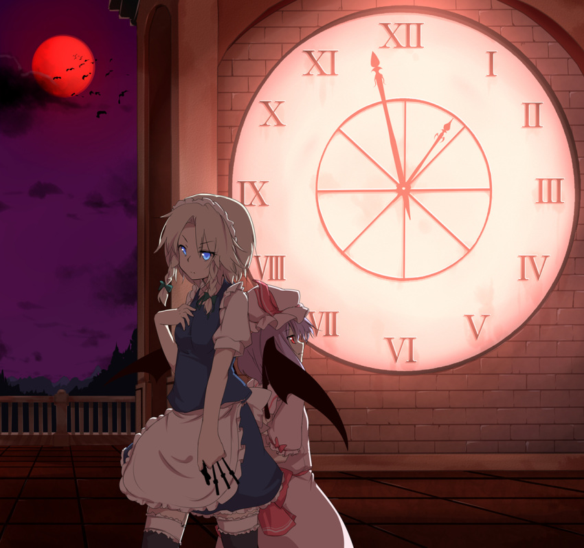 back-to-back, bat_wings, blue_eyes, braid, clock, clock_tower, full_moon, garter_straps, garters, hat, izayoi_sakuya, katanakko_daisuki, katanako_daisuki, knife, lavender_hair, maid, maid_headdress, moon, multiple_girls, red_eyes, red_moon, remilia_scarlet, short_hair, silver_hair, thighhighs, touhou, tower, twin_braids, wings, zettai_ryouiki