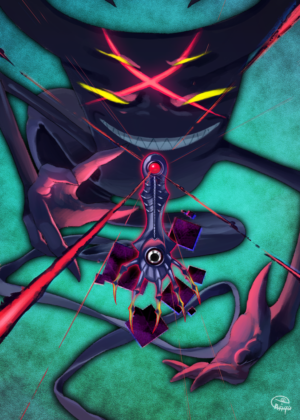 animate_object, claw_(weapon), digimon, digimon_(creature), enrike_(enrique_mr_blue), extra_eyes, familiar, glowing