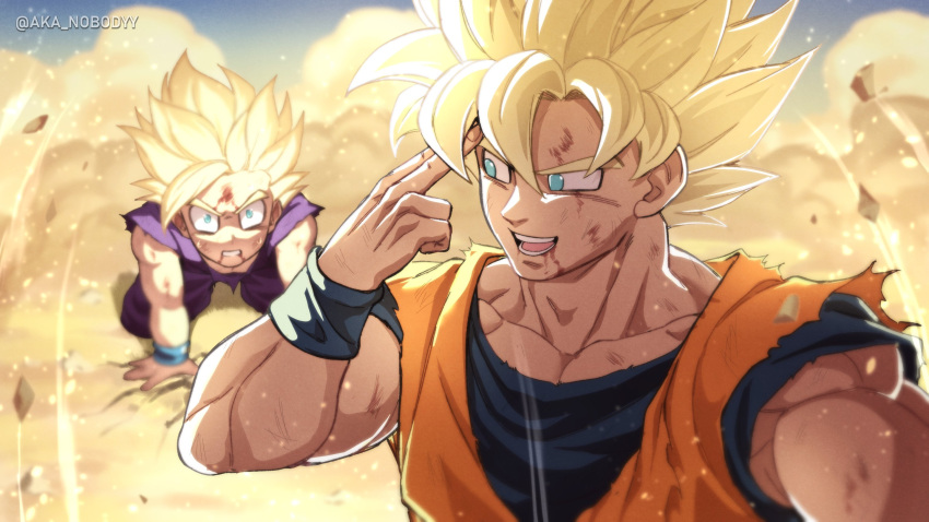 2boys, aka_nobodyy, all_fours, blonde_hair, blue_shirt, dougi, dragon_ball, dragon_ball_z