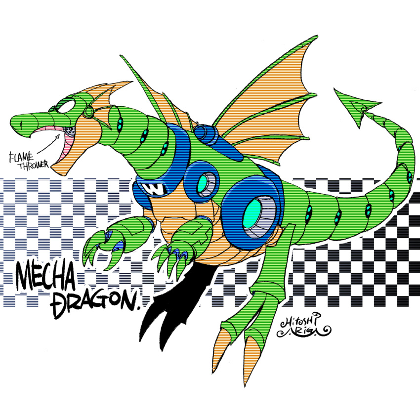 1other, ariga_hitoshi, artist_name, black_background, character_name, checkered_background, commentary_request, concept_art, dragon, flamethrower, flying, gradient_background, highres, looking_ahead, mecha_dragon_(mega_man), mechanical_tail, mechanical_wings, mega_man_(classic), mega_man_(series), mega_man_2, no_humans, no_pupils, outline, reference_sheet, robot, scanlines, science_fiction, signature, solo, tail, weapon, white_background, white_outline, wings