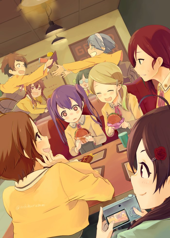 6+girls, aikawa_ryou_(love_live!), animal_on_head, ayanokoji_himeno, blunt_bangs, booth_seating, brown_hair, burger
