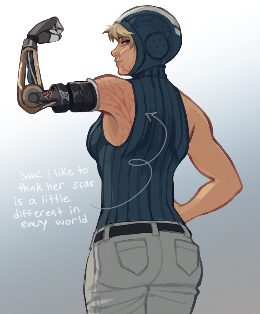 1girl, apex_legends, belt, black_belt, blonde_hair, blue_bodysuit, blue_eyes, bodysuit