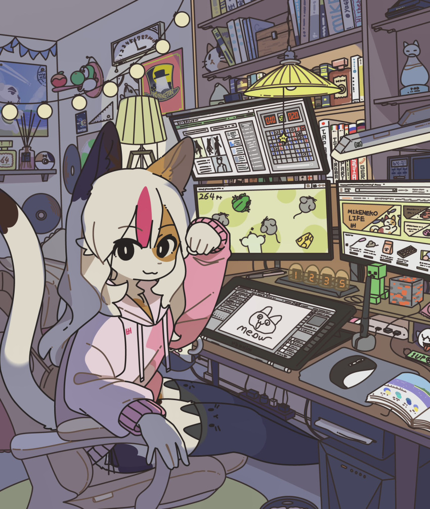 1girl, :3, animal_crossing, animal_ears, black_eyes, black_thighhighs, boo_(mario), book