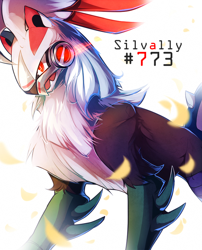 animal_focus, bright_pupils, character_name, commentary, english_commentary, feet_out_of_frame, light_trail, looking_at_viewer, no_humans, official_alternate_color, open_mouth, pokedex_number, pokemon, pokemon_(creature), red_eyes, red_light, ryoukishi, silvally, silvally_(fire), simple_background, slit_pupils, solo, standing, three_quarter_view, white_background, white_pupils