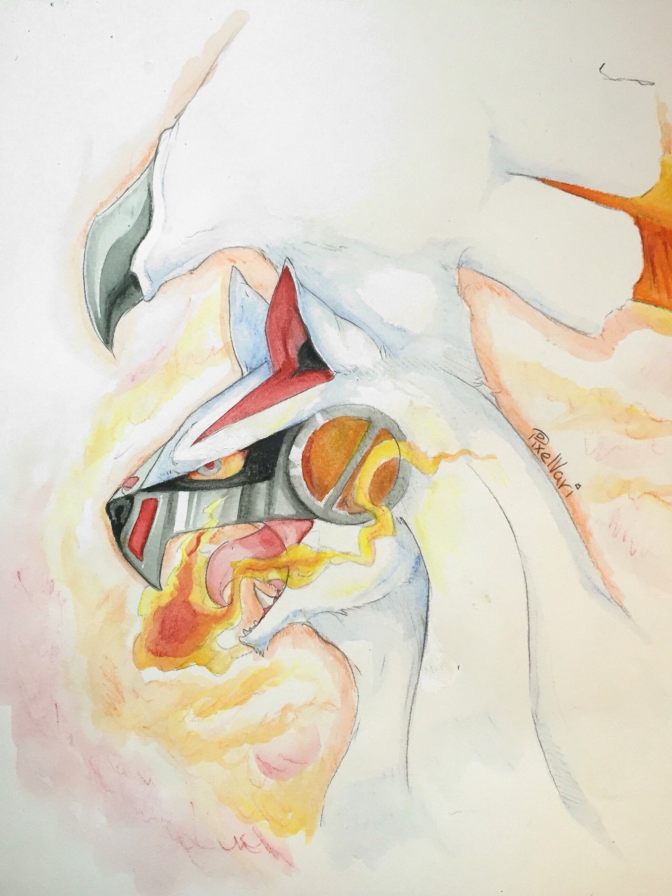 abstract_background, animal_focus, artist_name, breath_weapon, breathing_fire, buccal_flap, closed_mouth, colored_sclera