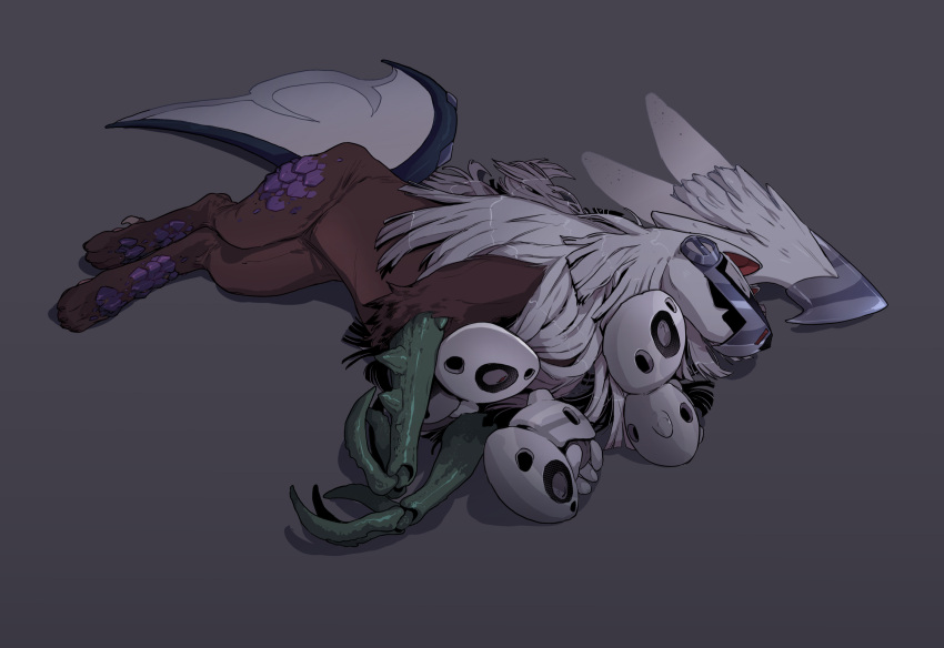 animal_focus, aron, closed_eyes, closed_mouth, commentary, cuddling, english_commentary, fangs, full_body, grey_background, highres, lying, no_humans, official_alternate_color, on_side, open_mouth, pokemon, pokemon_(creature), silvally, silvally_(steel), simple_background, siriusdraws, sleeping