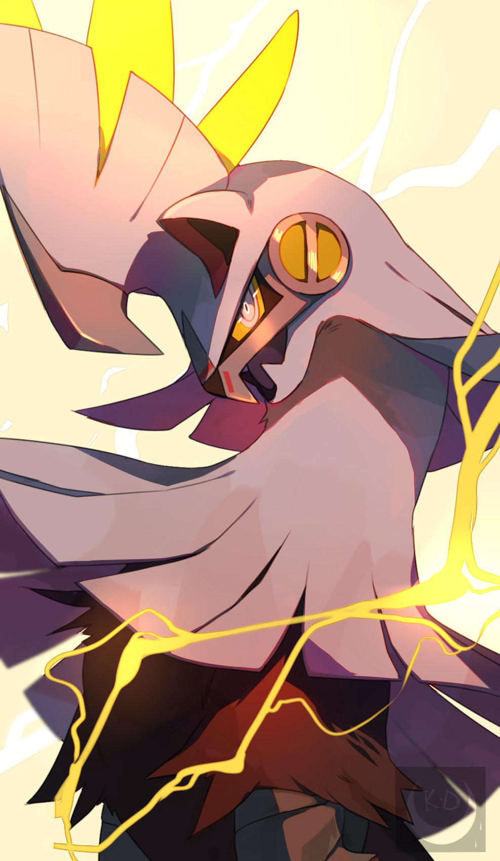 animal_focus, artist_logo, colored_sclera, commentary, electricity, english_commentary, fangs, grey_eyes, highres, kel-del, lightning, looking_at_viewer, no_humans, official_alternate_color, open_mouth, pokemon, pokemon_(creature), silvally, silvally_(electric), yellow_background, yellow_sclera