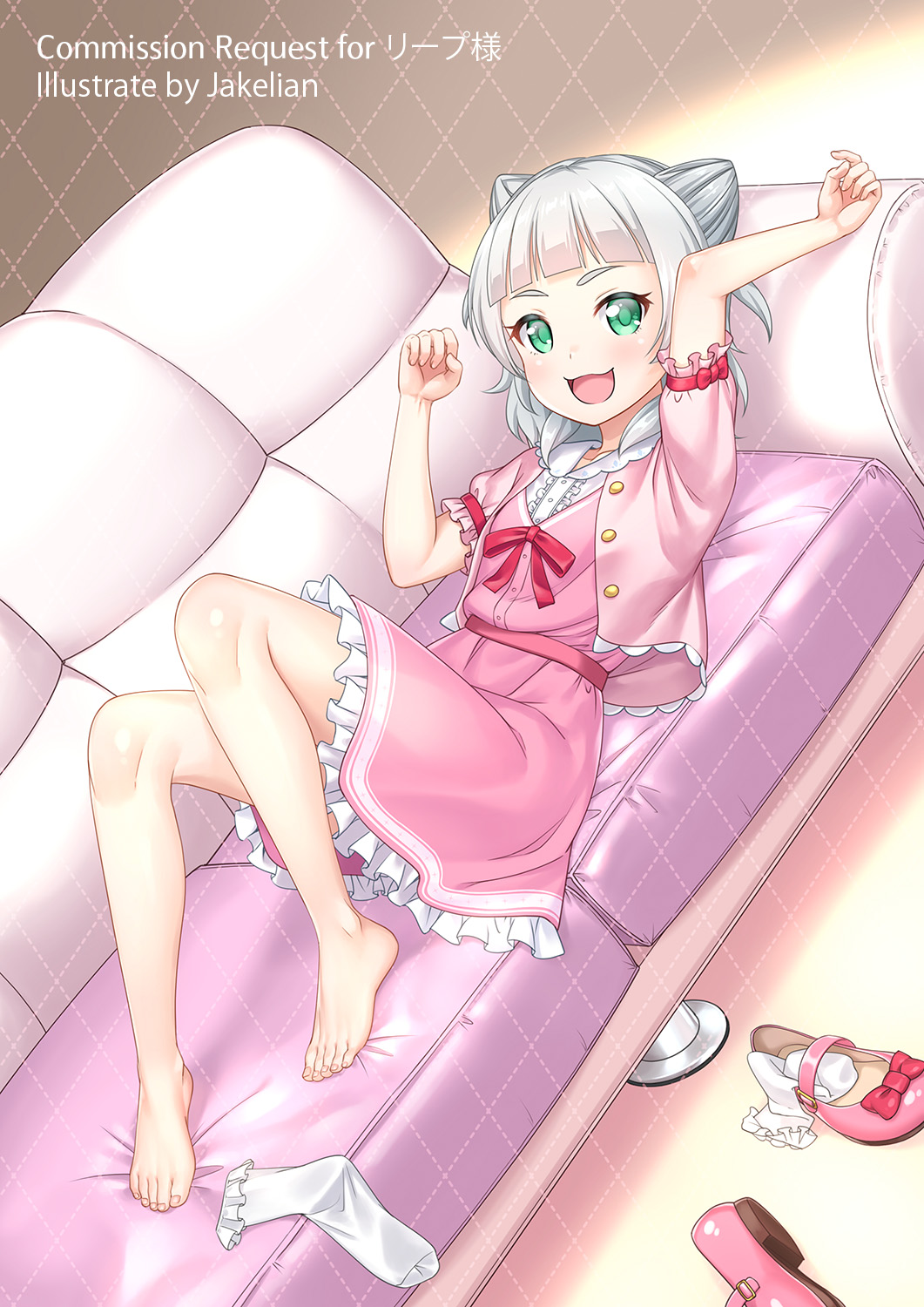 1girl, barefoot, blush, commentary_request, commission, couch, dress, full_body