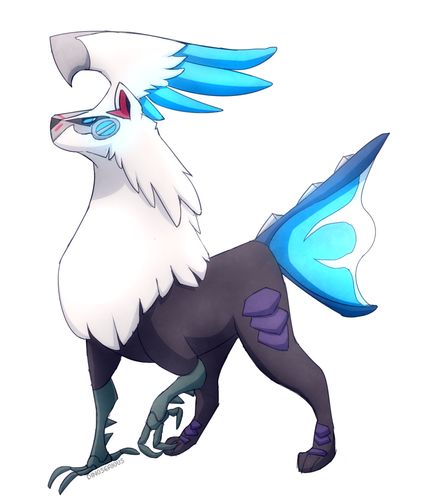 animal_focus, blue_eyes, blue_light, blue_sclera, bright_pupils, closed_mouth, colored_sclera, commentary, english_commentary, from_side, halvochin, highres, light_trail, looking_back, no_humans, official_alternate_color, pokecemper, pokemon, pokemon_(creature), silvally, silvally_(dragon), simple_background, slit_pupils, standing, transparent_background, white_pupils