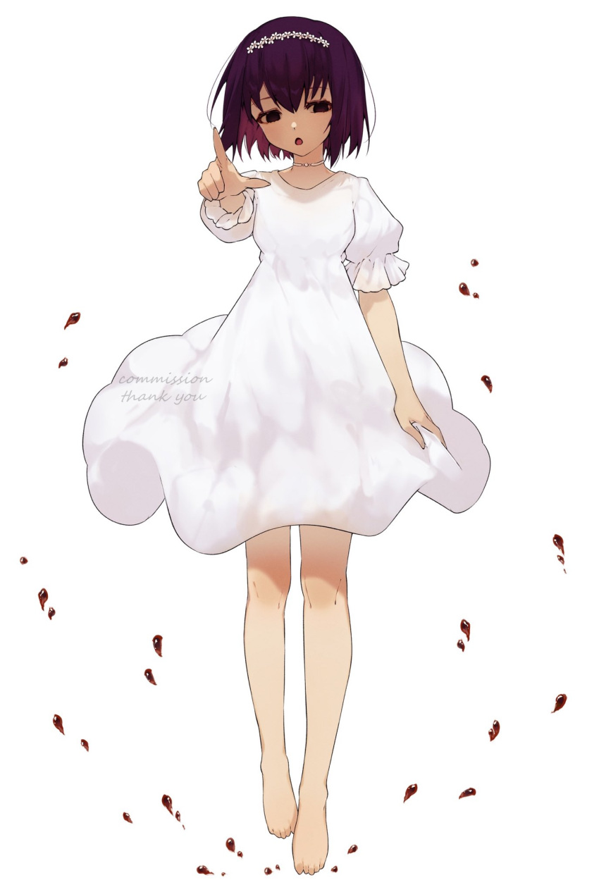 1girl, barefoot, black_eyes, dress, fate/grand_order, fate_(series), full_body, hairband