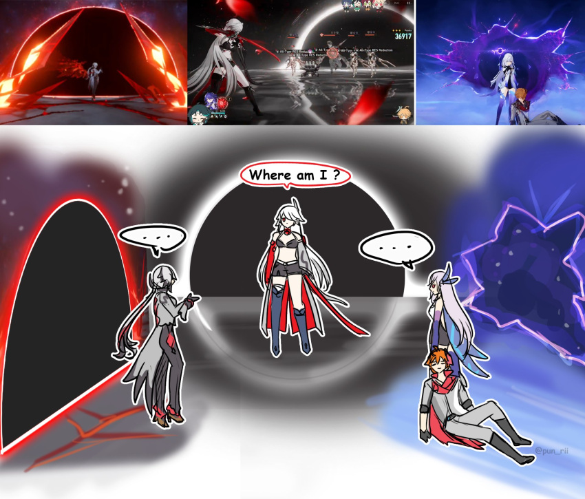 ..., 1boy, 3girls, acheron_(honkai:_star_rail), arlecchino_(genshin_impact), asymmetrical_legwear, black_gloves, black_hair