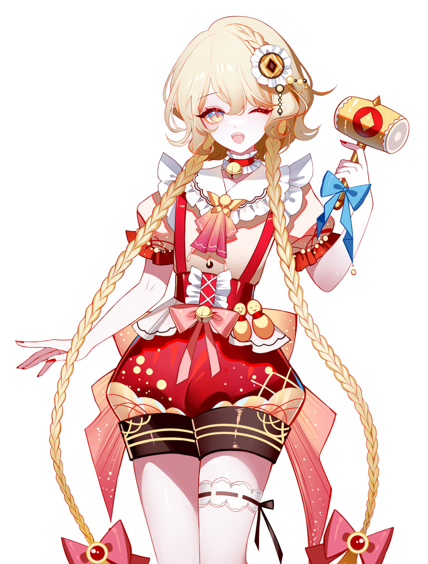 1girl, ;d, ascot, bell, blonde_hair, braid, choker, commentary_request