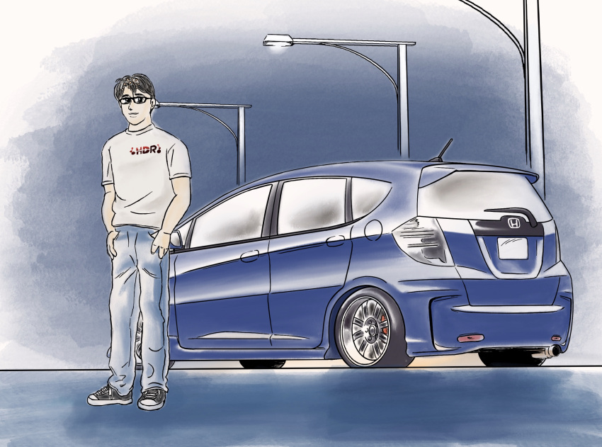 1boy, asakura_natto, black_eyes, black_footwear, black_hair, blue_car, blue_pants, car