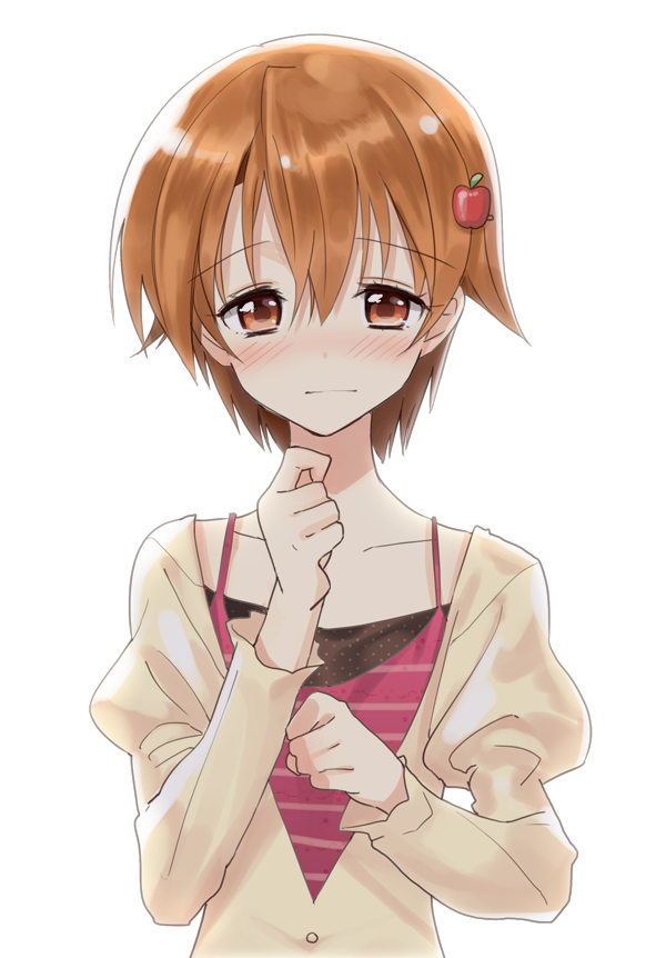 blush, brown_eyes, brown_hair, bust, casual, hair_ornament, hairpin, inami_mahiru